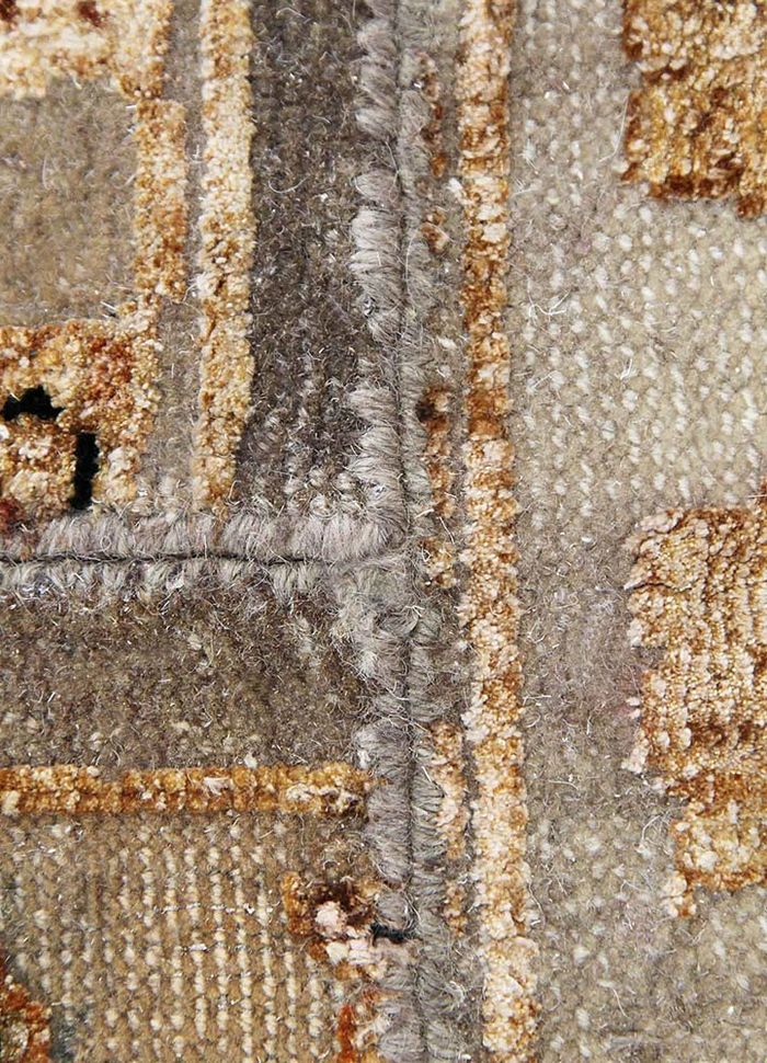 lacuna beige and brown wool and silk patchwork Rug - CloseUp