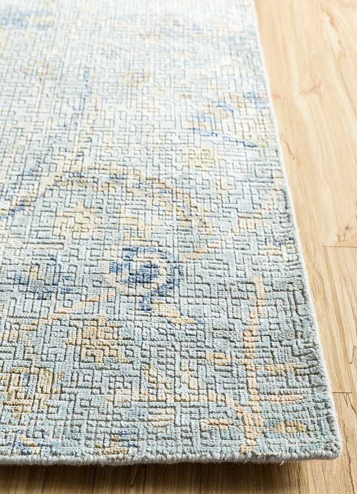 blithe blue wool and silk hand knotted Rug - Corner