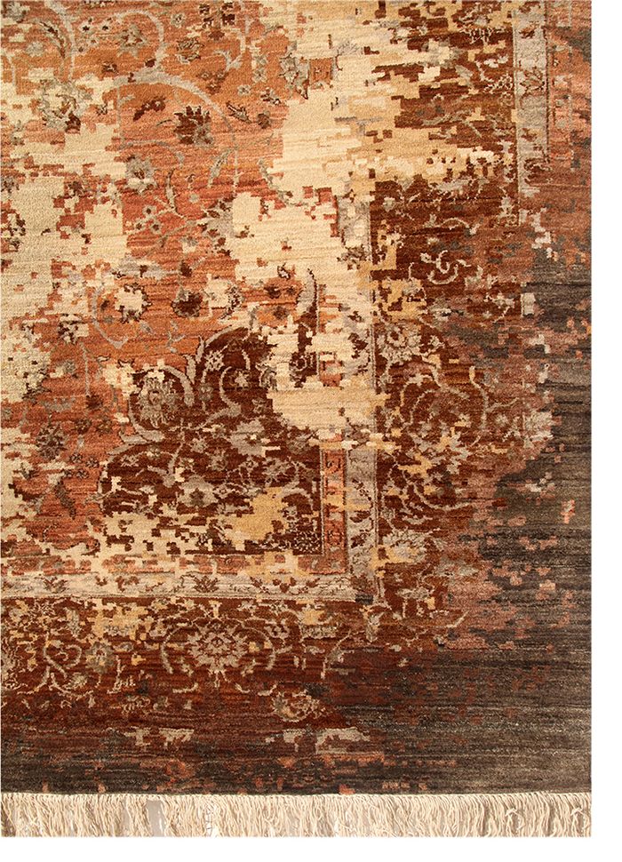 far east red and orange wool and silk hand knotted Rug - Corner