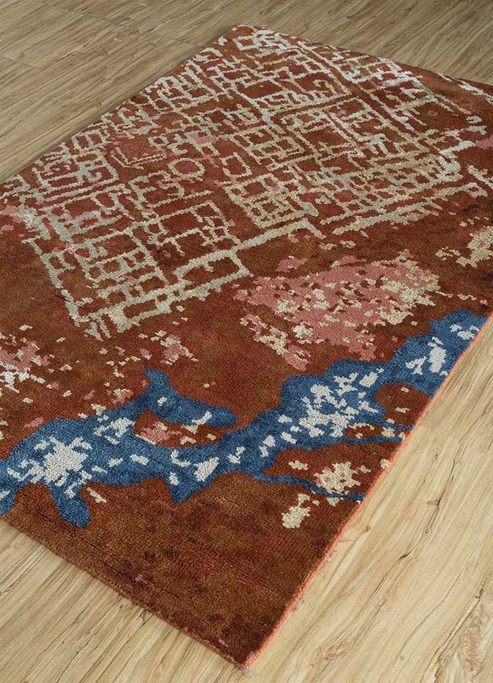 rang raas red and orange wool and bamboo silk hand knotted Rug - FloorShot