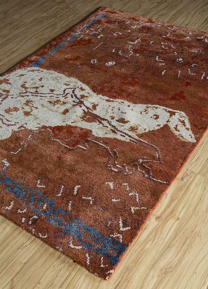 rang raas red and orange wool and bamboo silk hand knotted Rug - FloorShot