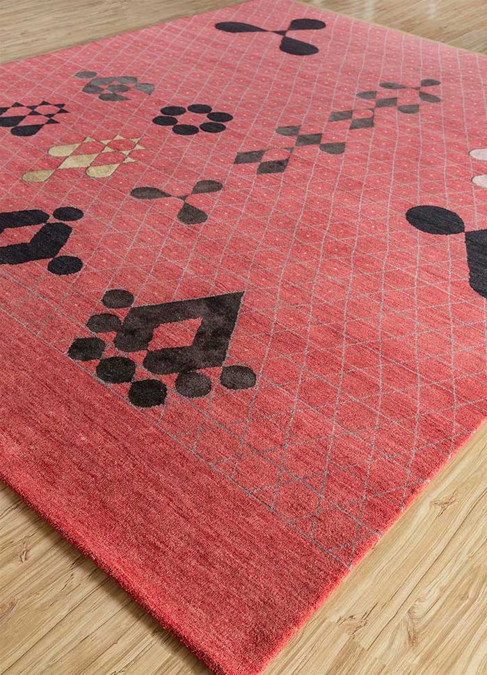 kolam red and orange wool and bamboo silk hand knotted Rug - FloorShot