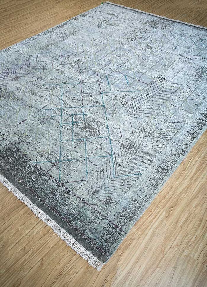 okaley blue wool and silk hand knotted Rug - FloorShot