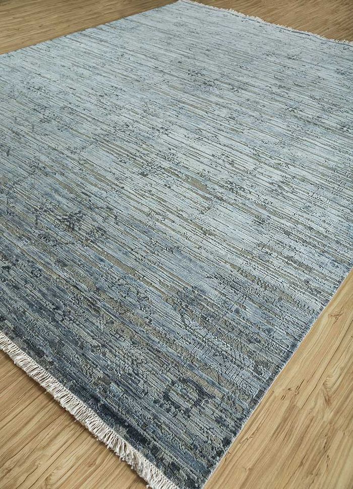 okaley blue wool and silk hand knotted Rug - FloorShot
