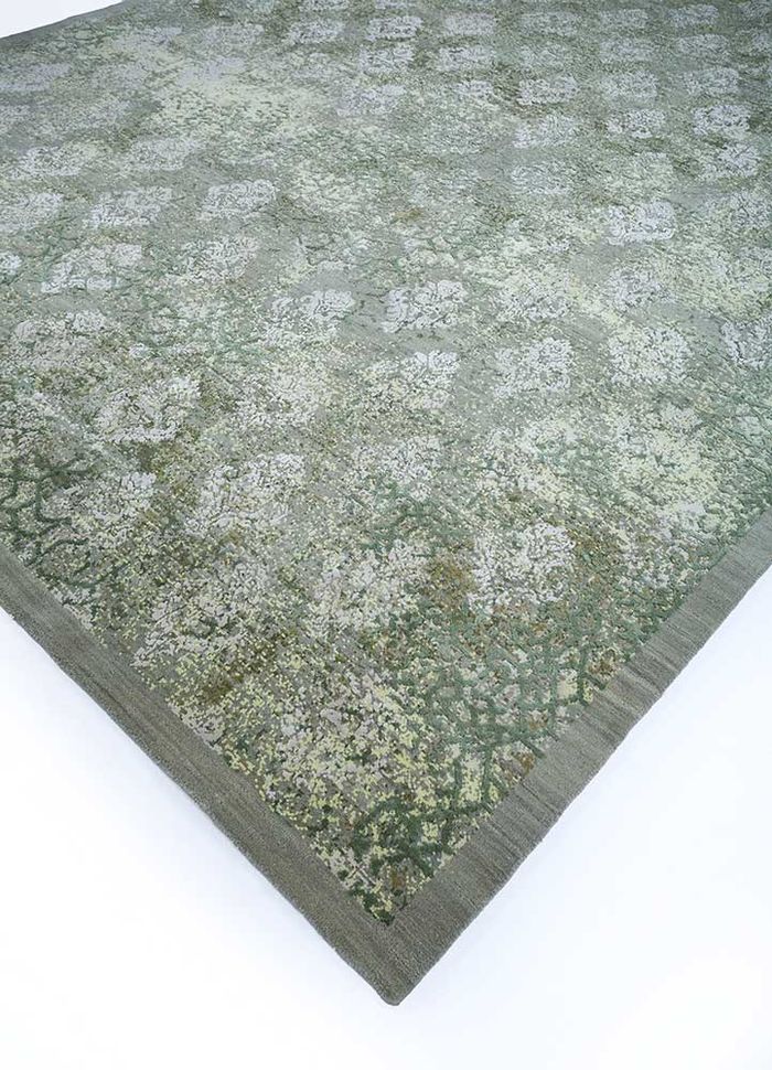 inde rose green wool and silk hand knotted Rug - FloorShot