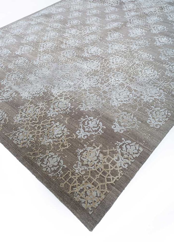 inde rose beige and brown wool and silk hand knotted Rug - FloorShot