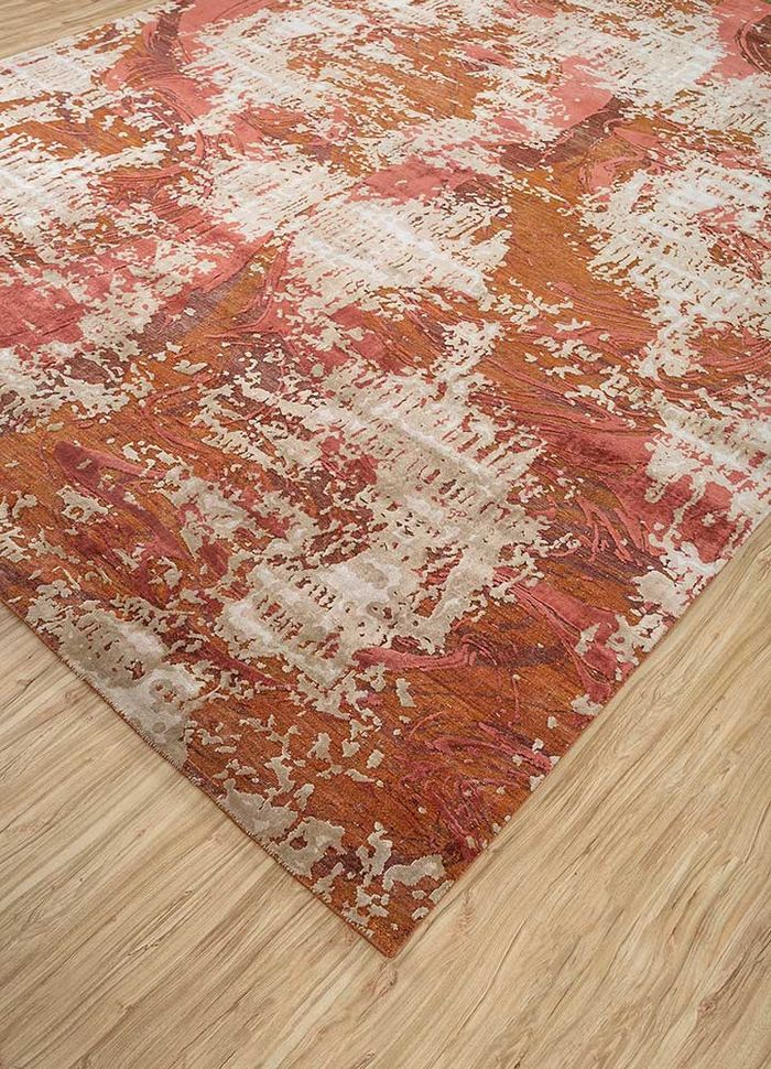 pansy red and orange wool and silk hand knotted Rug - FloorShot