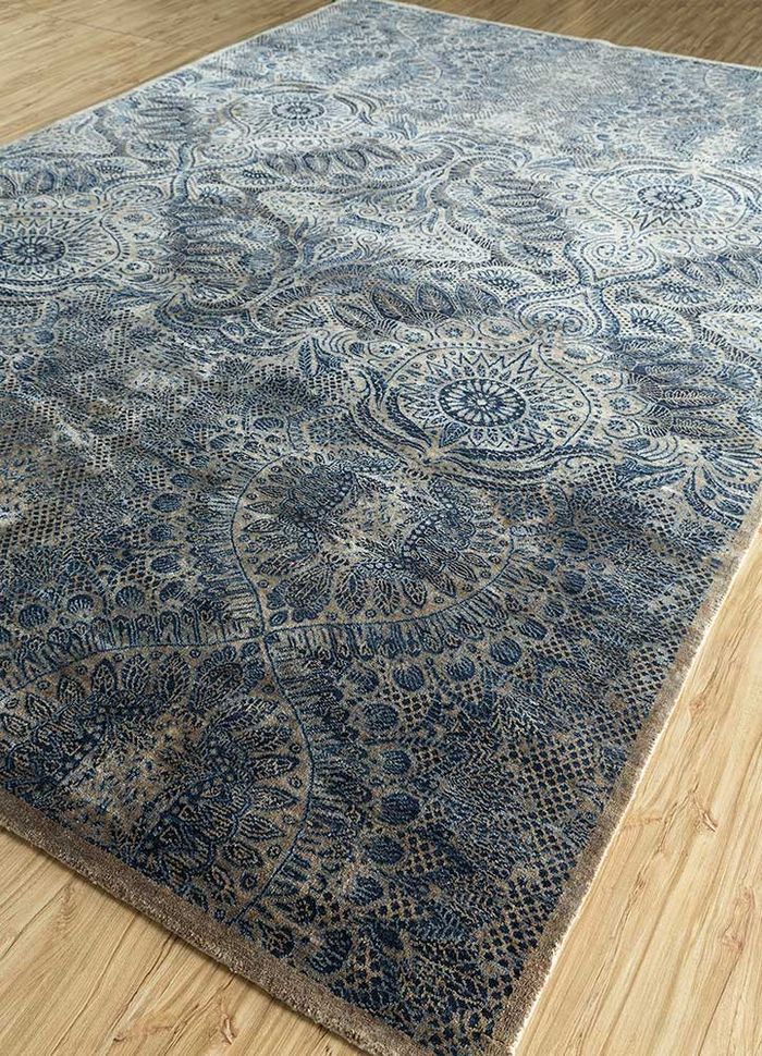 floret blue wool and silk hand knotted Rug - FloorShot