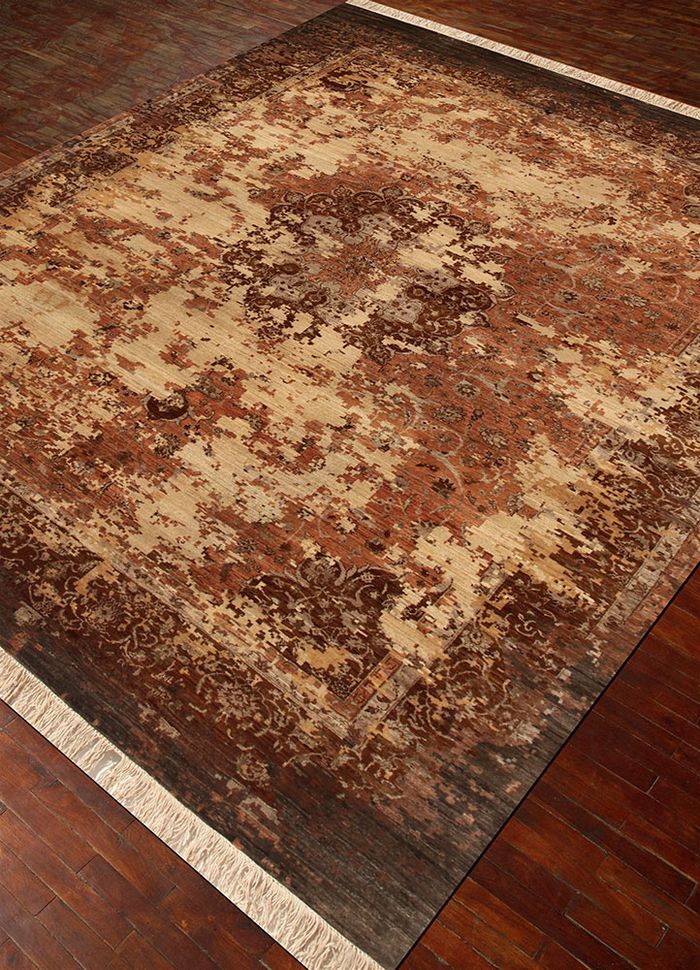 far east red and orange wool and silk hand knotted Rug - FloorShot