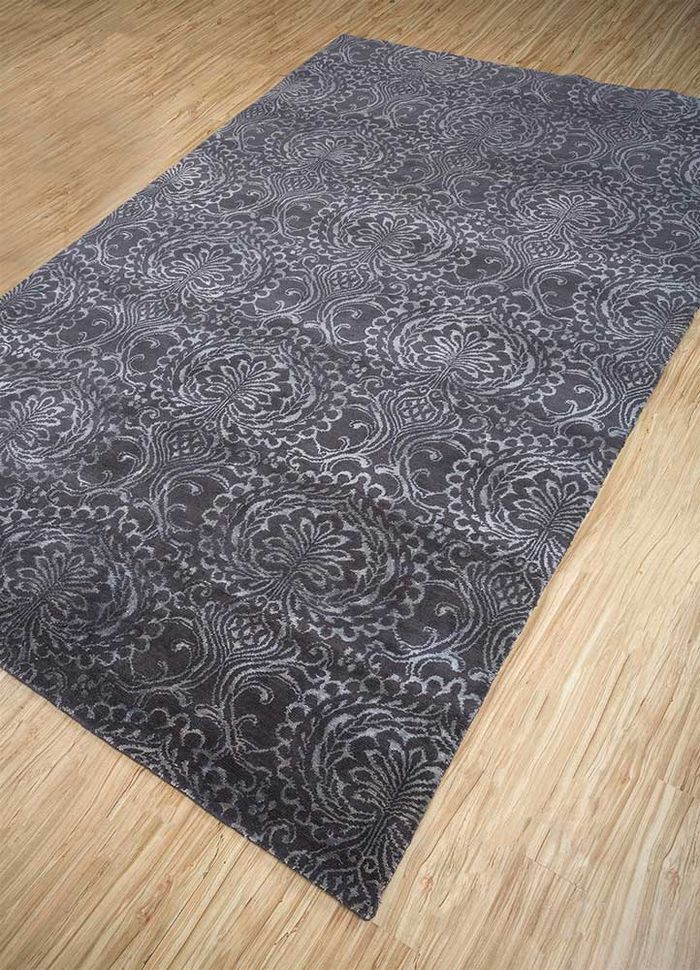 floret grey and black wool and bamboo silk hand knotted Rug - FloorShot