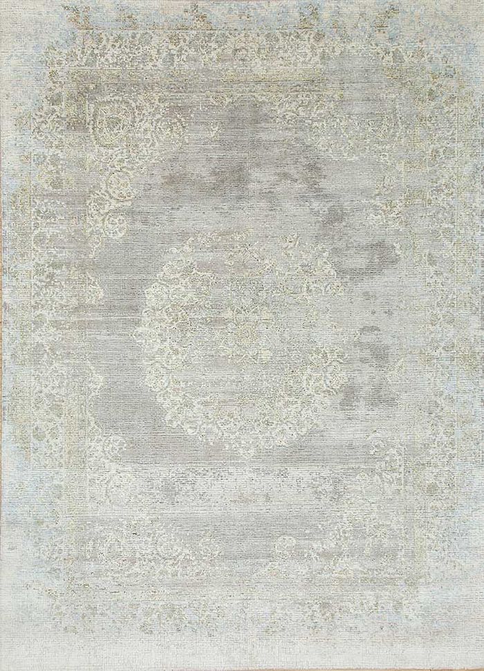 far east grey and black wool and silk hand knotted Rug - HeadShot