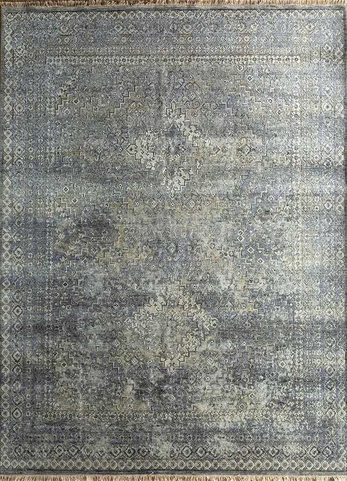 refuge blue wool and silk hand knotted Rug - HeadShot