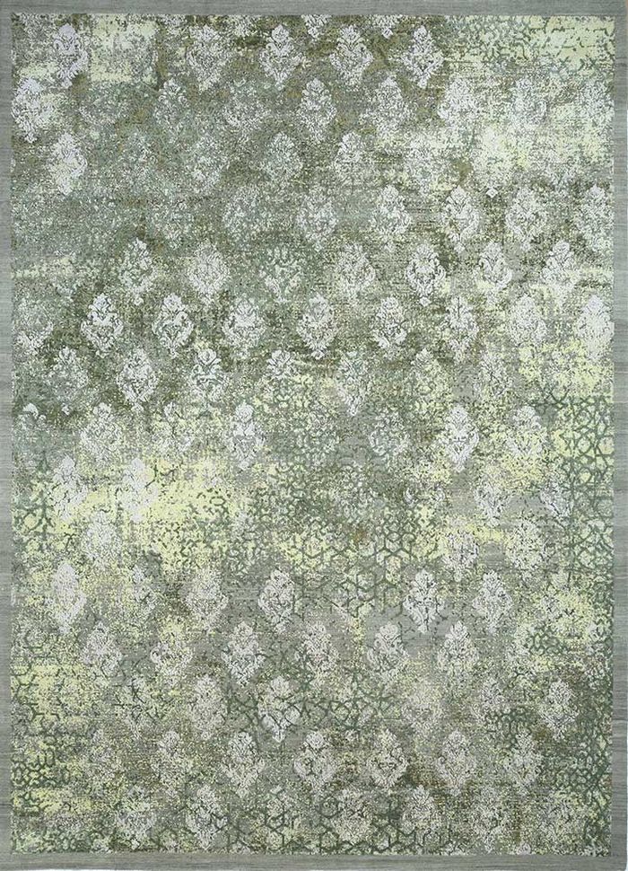 inde rose green wool and silk hand knotted Rug - HeadShot