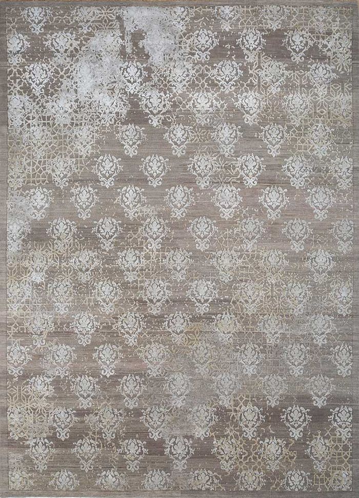 inde rose beige and brown wool and silk hand knotted Rug - HeadShot