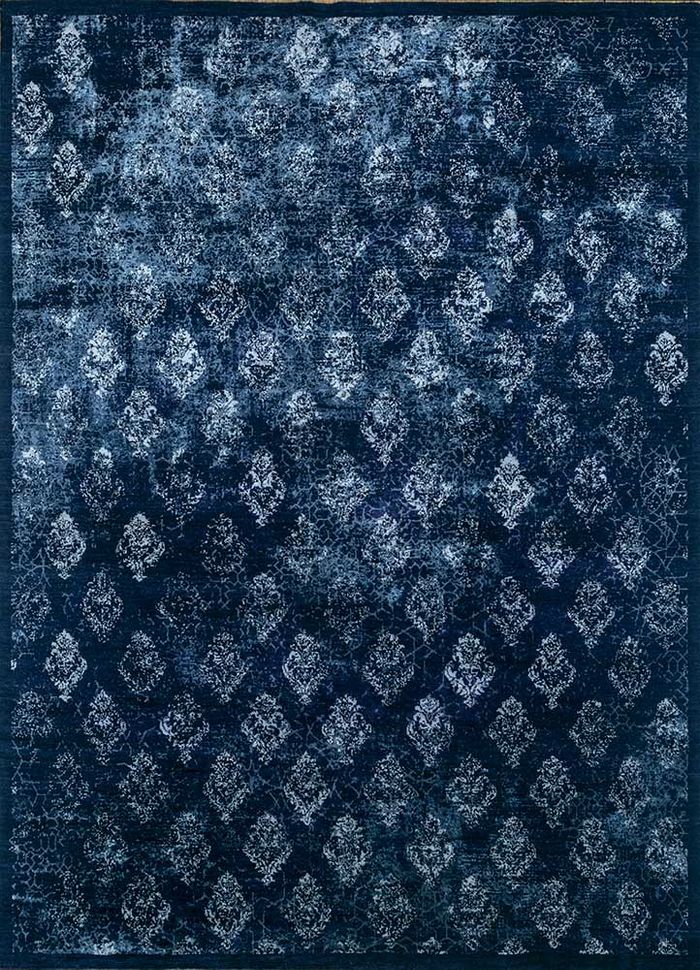 inde rose blue wool and silk hand knotted Rug - HeadShot