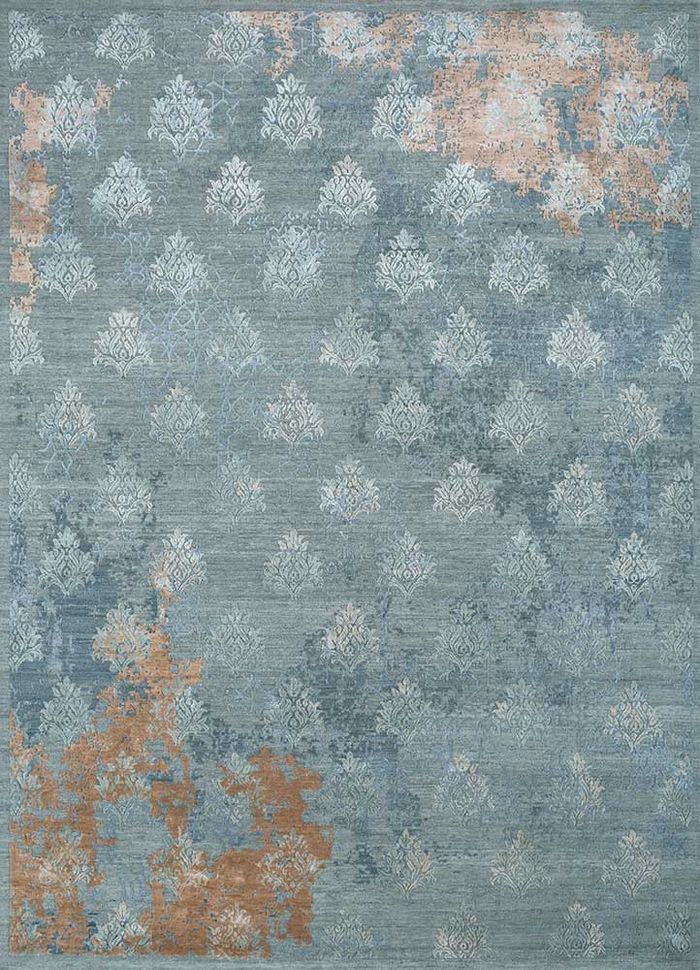 inde rose blue wool and silk hand knotted Rug - HeadShot
