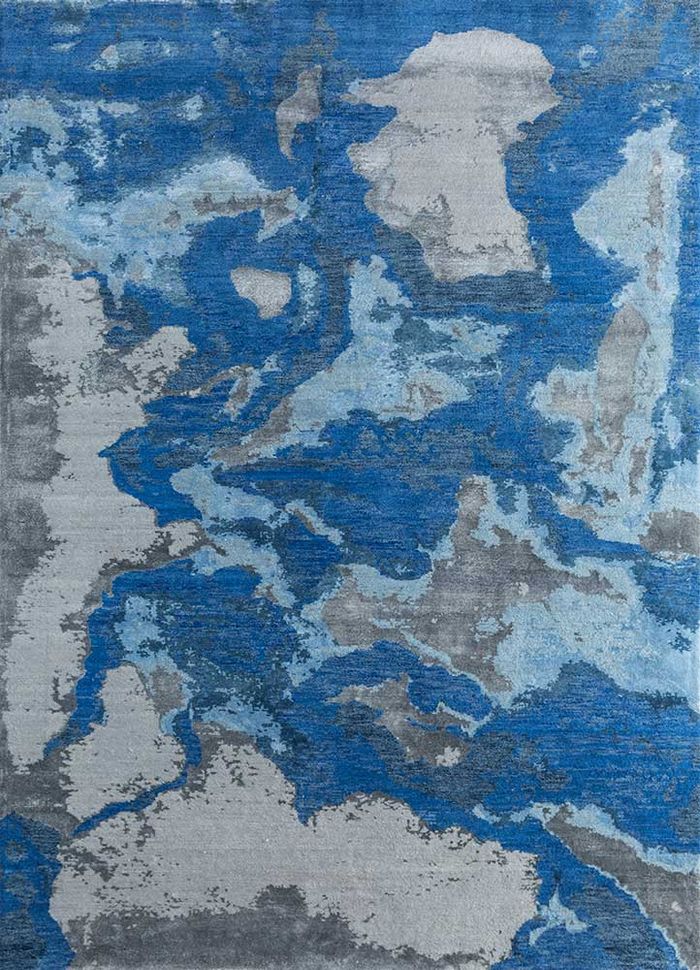 entropy blue wool and bamboo silk hand knotted Rug - HeadShot