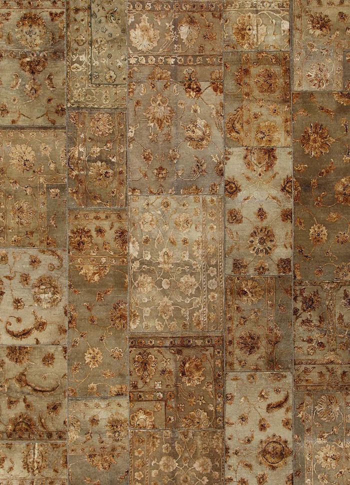 lacuna beige and brown wool and silk patchwork Rug - HeadShot
