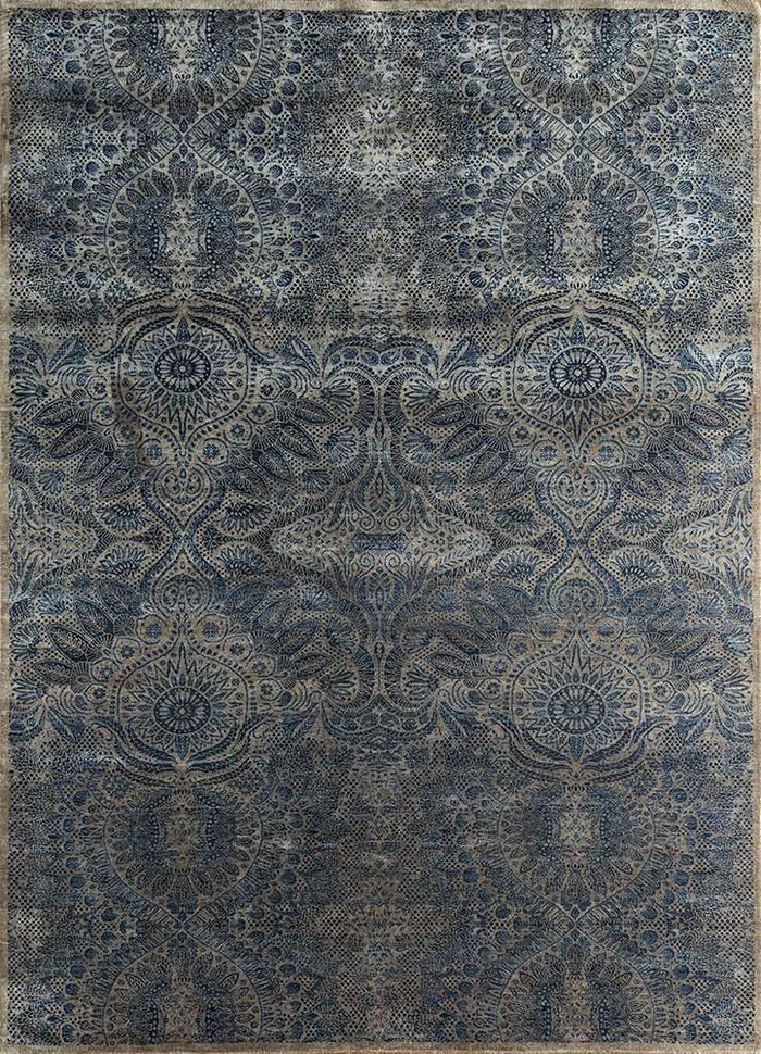 floret blue wool and silk hand knotted Rug - HeadShot