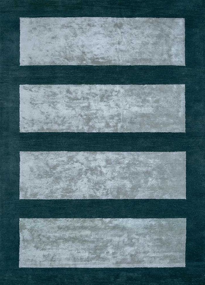 linear blue wool and viscose hand tufted Rug - HeadShot
