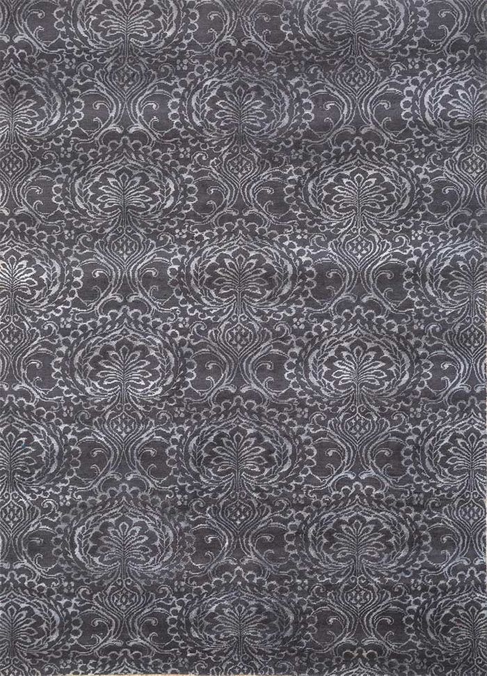 floret grey and black wool and bamboo silk hand knotted Rug - HeadShot
