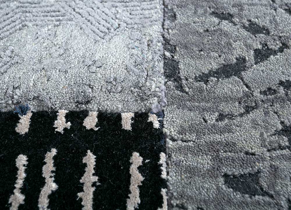 provenance grey and black wool and bamboo silk patchwork Rug - CloseUp