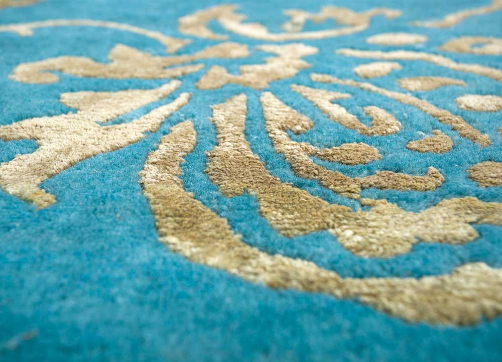 floret blue wool and viscose hand knotted Rug - CloseUp