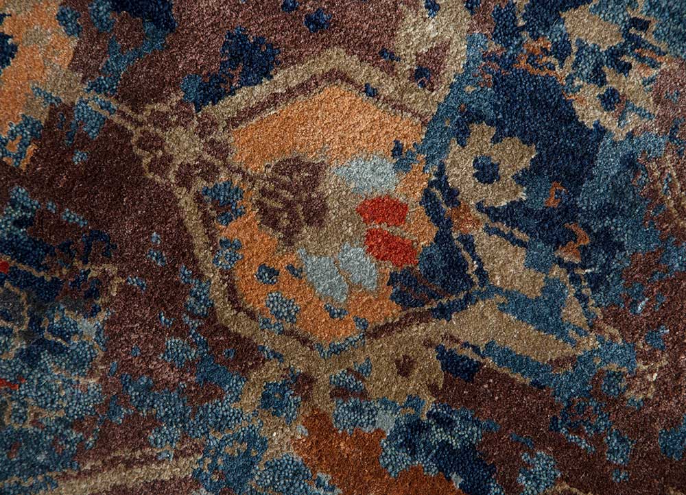 far east blue wool and bamboo silk hand knotted Rug - CloseUp