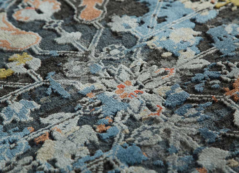 far east grey and black wool and bamboo silk hand knotted Rug - CloseUp