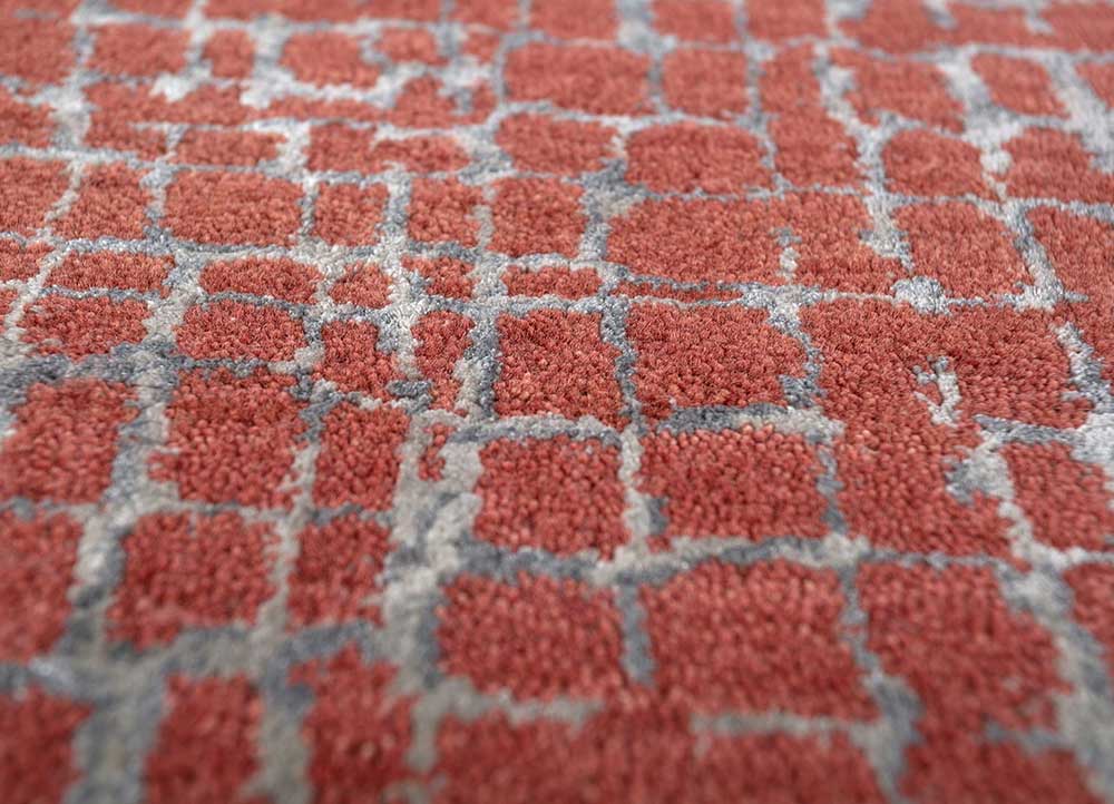 project error by kavi red and orange wool and bamboo silk hand knotted Rug - CloseUp