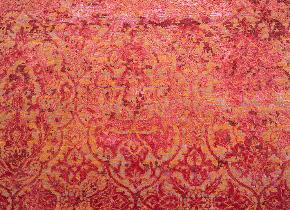 chaos theory by kavi red and orange wool and bamboo silk hand knotted Rug - CloseUp