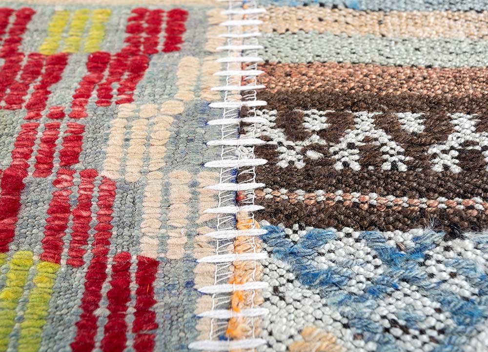 provenance beige and brown wool patchwork Rug - CloseUp