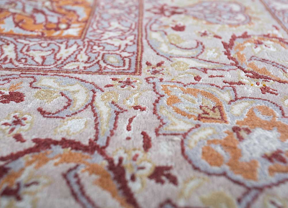 vintage red and orange wool and silk hand knotted Rug - CloseUp