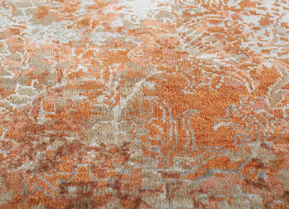 wisteria red and orange wool and bamboo silk hand knotted Rug - CloseUp