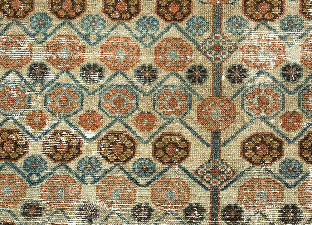 antique beige and brown wool hand knotted Rug - CloseUp