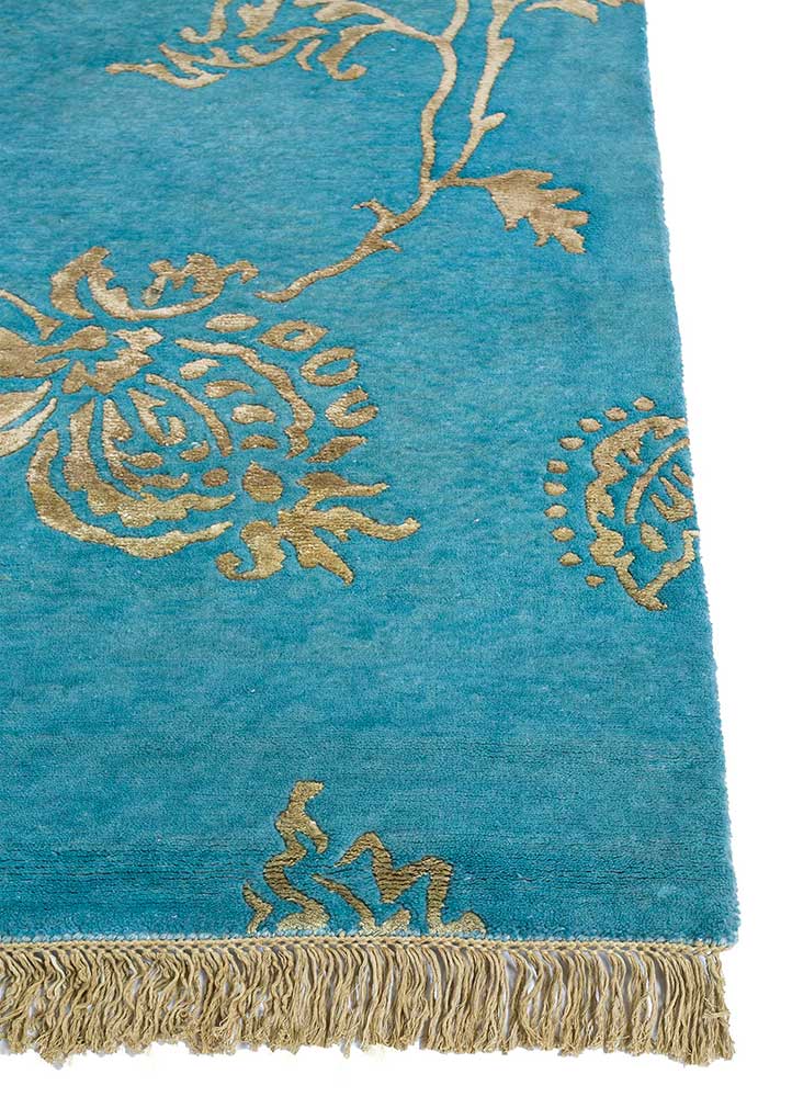 floret blue wool and viscose hand knotted Rug - Corner