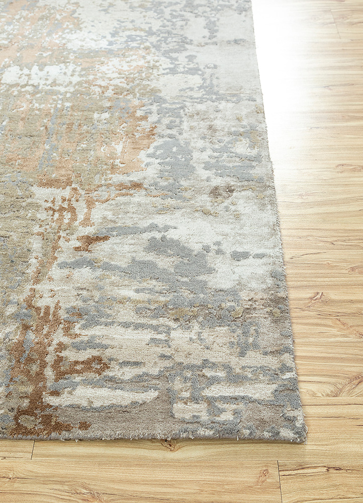 project error by kavi beige and brown wool and bamboo silk hand knotted Rug - Corner