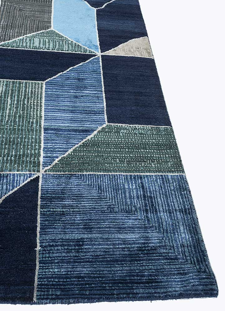 aakar by kavi blue wool and bamboo silk hand knotted Rug - Corner