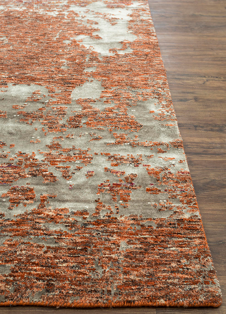 project error by kavi red and orange wool and bamboo silk hand knotted Rug - Corner