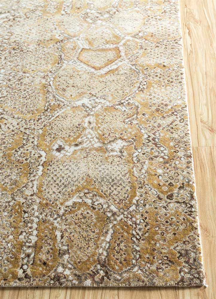 safari beige and brown wool and silk hand knotted Rug - Corner