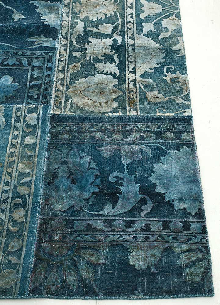 lacuna blue wool and silk patchwork Rug - Corner