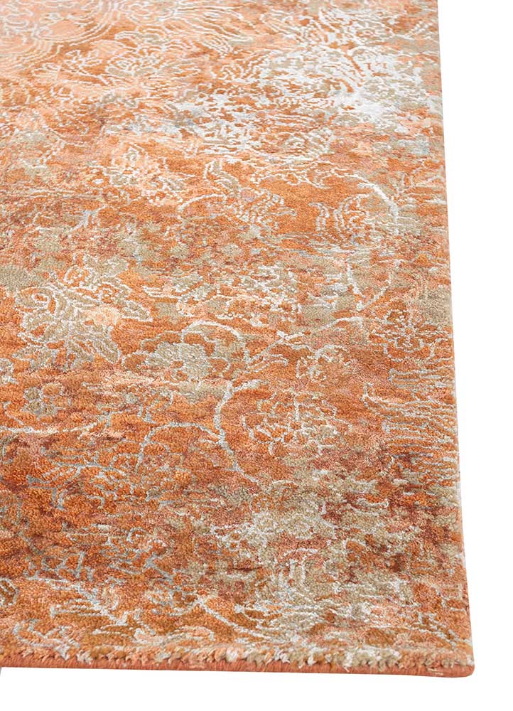 pansy red and orange wool and bamboo silk hand knotted Rug - Corner