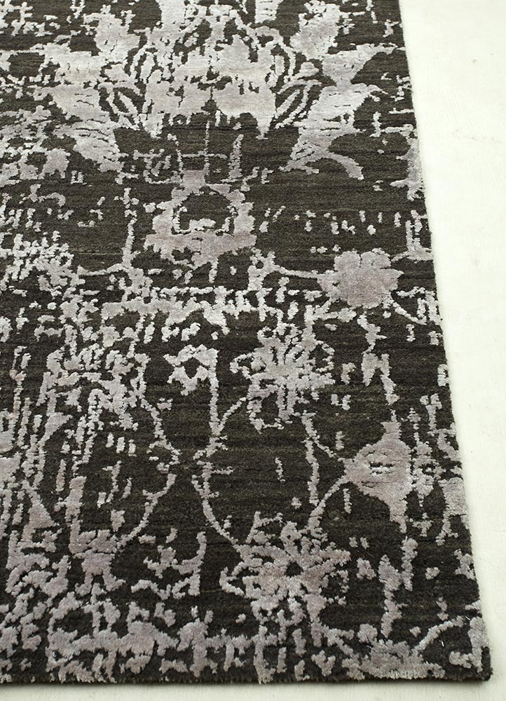 chaos theory by kavi grey and black wool and bamboo silk hand knotted Rug - Corner