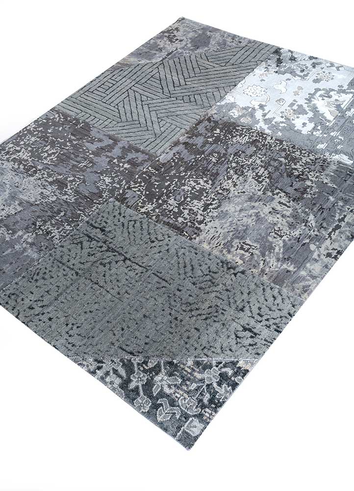 provenance grey and black wool and bamboo silk patchwork Rug - FloorShot