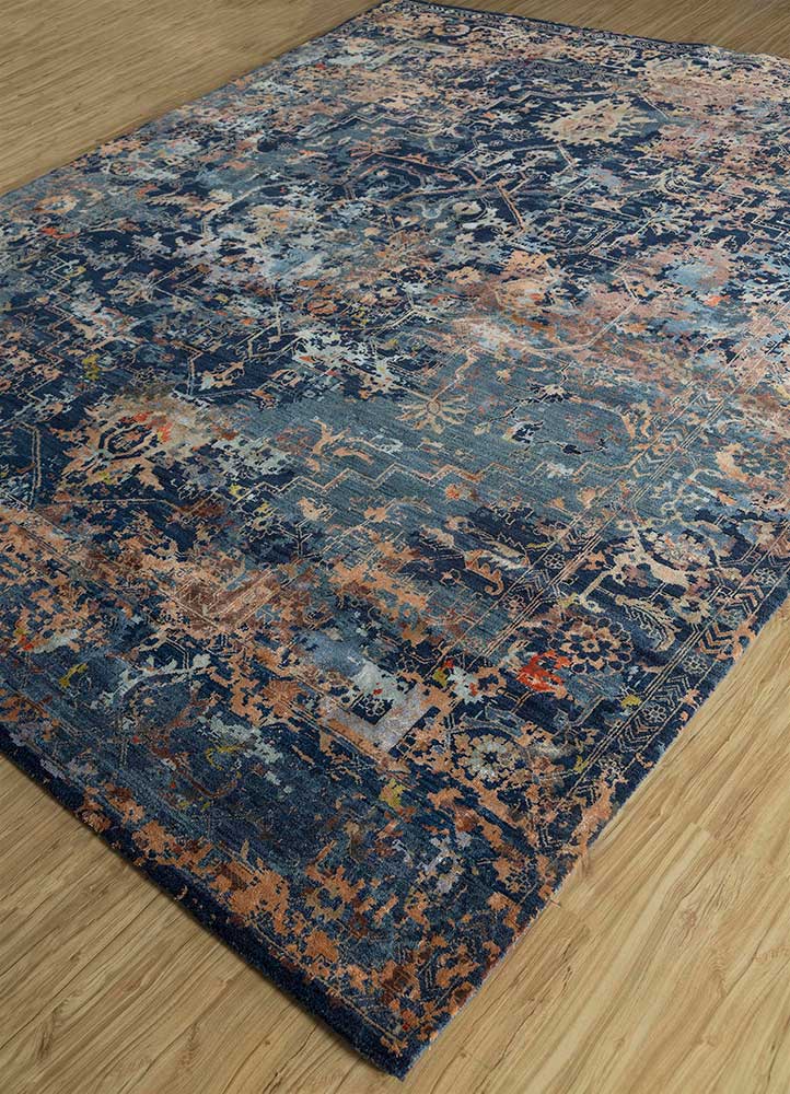 far east blue wool and bamboo silk hand knotted Rug - FloorShot