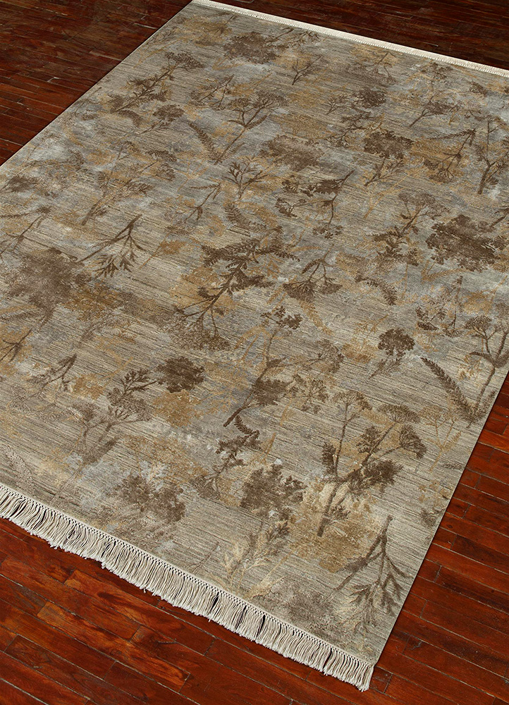 pansy beige and brown wool and silk hand knotted Rug - FloorShot