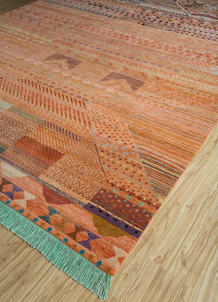 manchaha red and orange wool hand knotted Rug - FloorShot