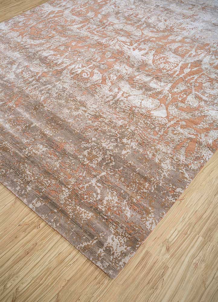 floret red and orange wool and bamboo silk hand knotted Rug - FloorShot