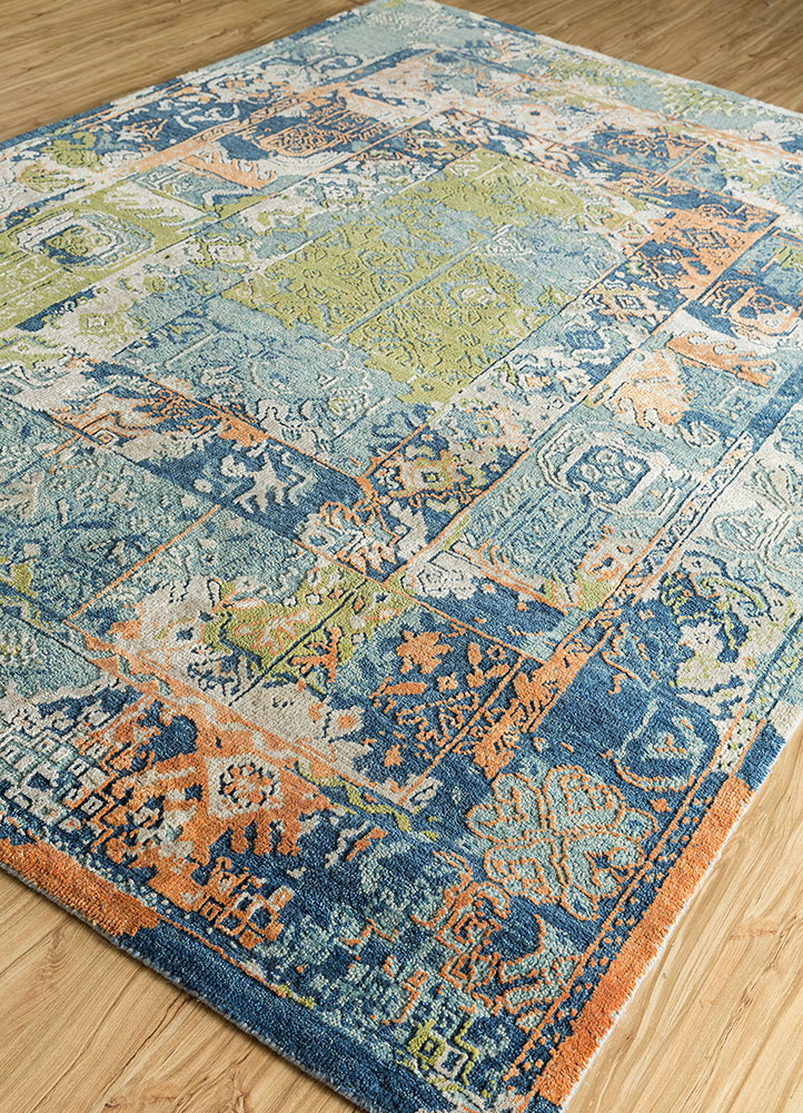 far east blue wool and silk hand knotted Rug - FloorShot