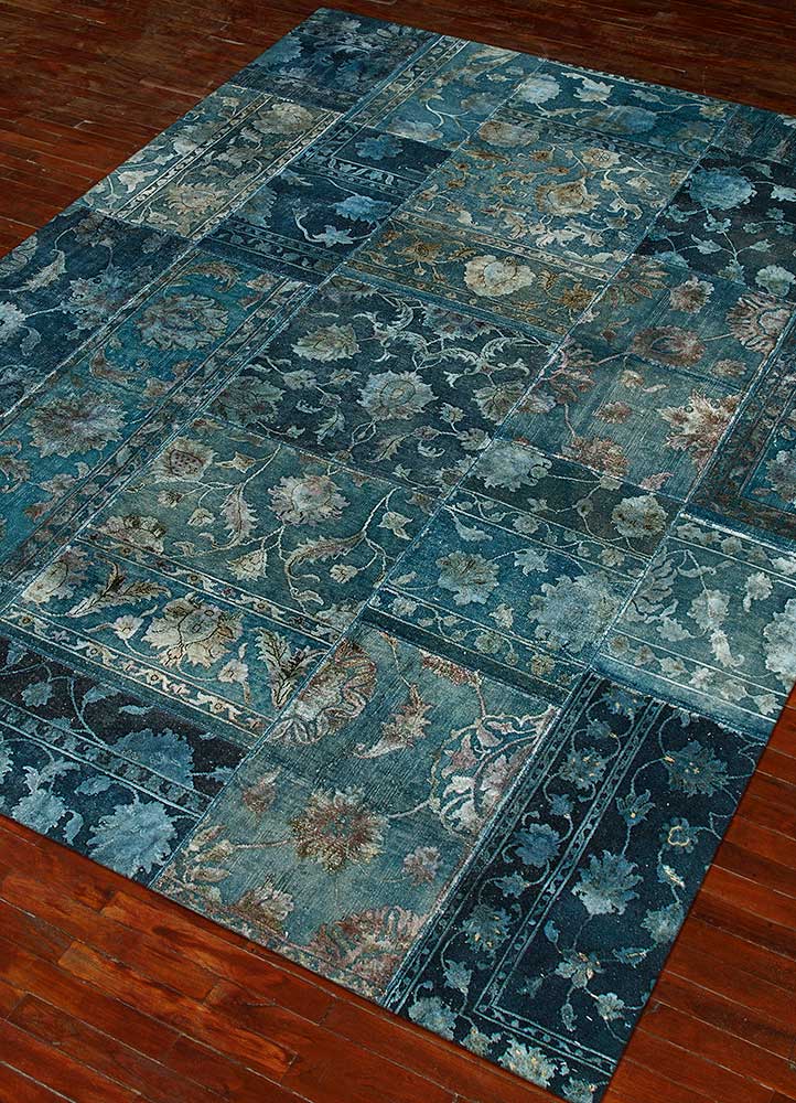 lacuna blue wool and silk patchwork Rug - FloorShot